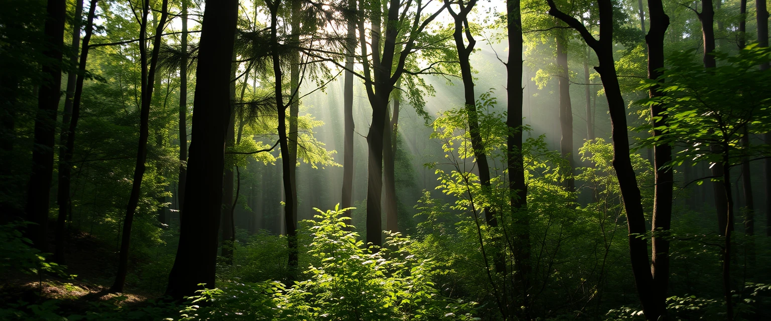 Lush nature scene, sunlight through trees